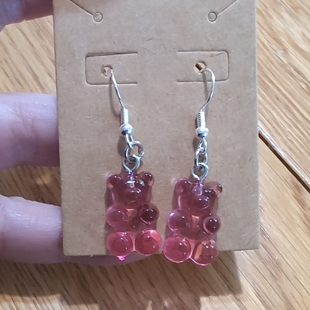 Hand Crafted Pink and Silver Gummy Bear Earrings